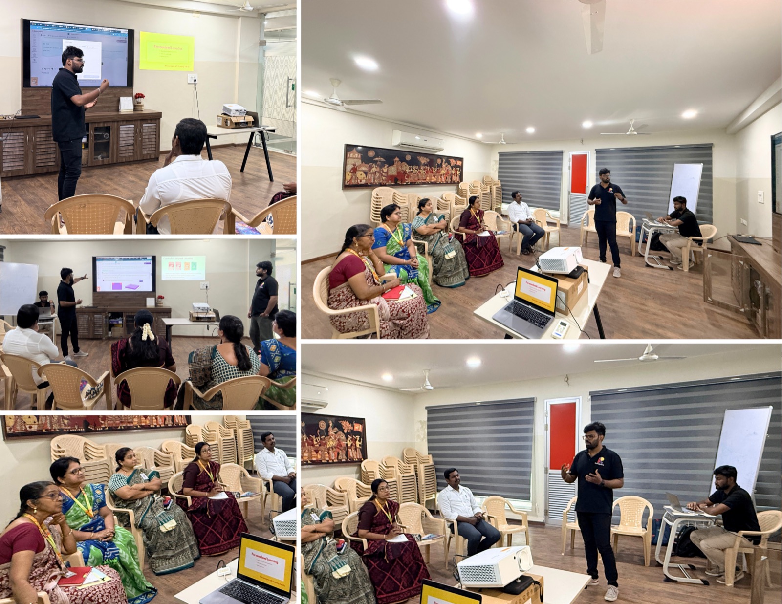 Photos from a school workshop: Robogebra trainers running a personalised learning session for the maths department in a school conference room, with staff seated and following the demonstration